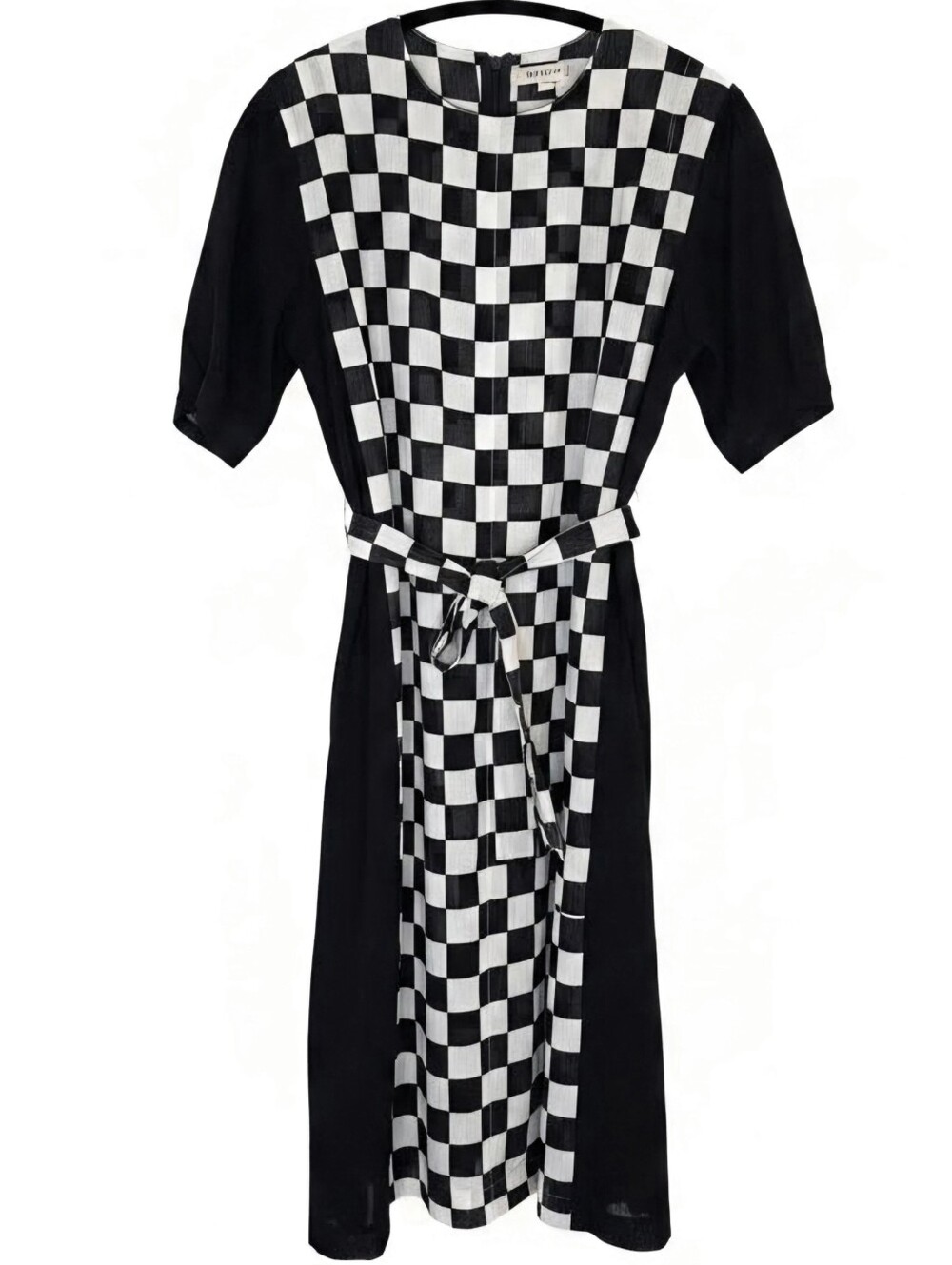 Vintage Black And White Sheer Gingham Midi Dress With Original Belt Size Large